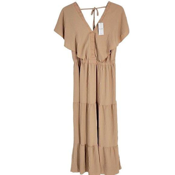 Simplee Flutter Sleeve V-Neck Tiered Midi Dress - Beige Tan  - Large - NEW - Picture 2 of 5